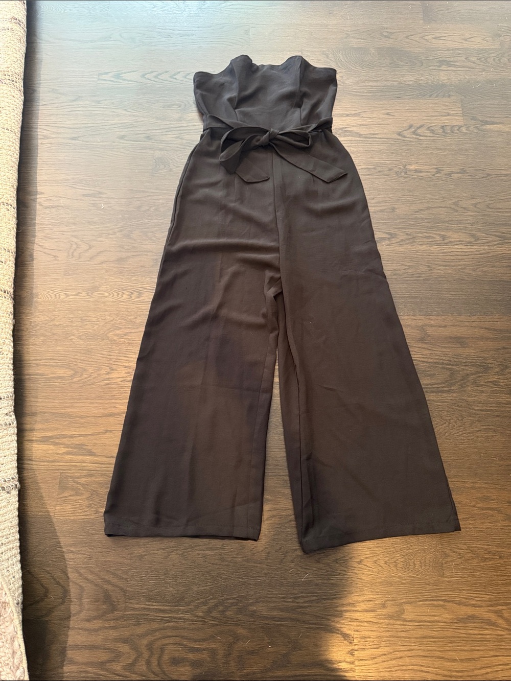 Princess Polly Women's Black Strapless Wide-Leg Jumpsuit with Waist Tie